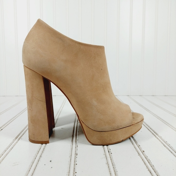 Aldo Cream Suede Leather Peep Toe High Block Heel Booties K152 - Picture 5 of 14